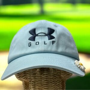 Under Armour Sky Blue Golf Hat w/Daisy magnetic ball marker clip. NWT